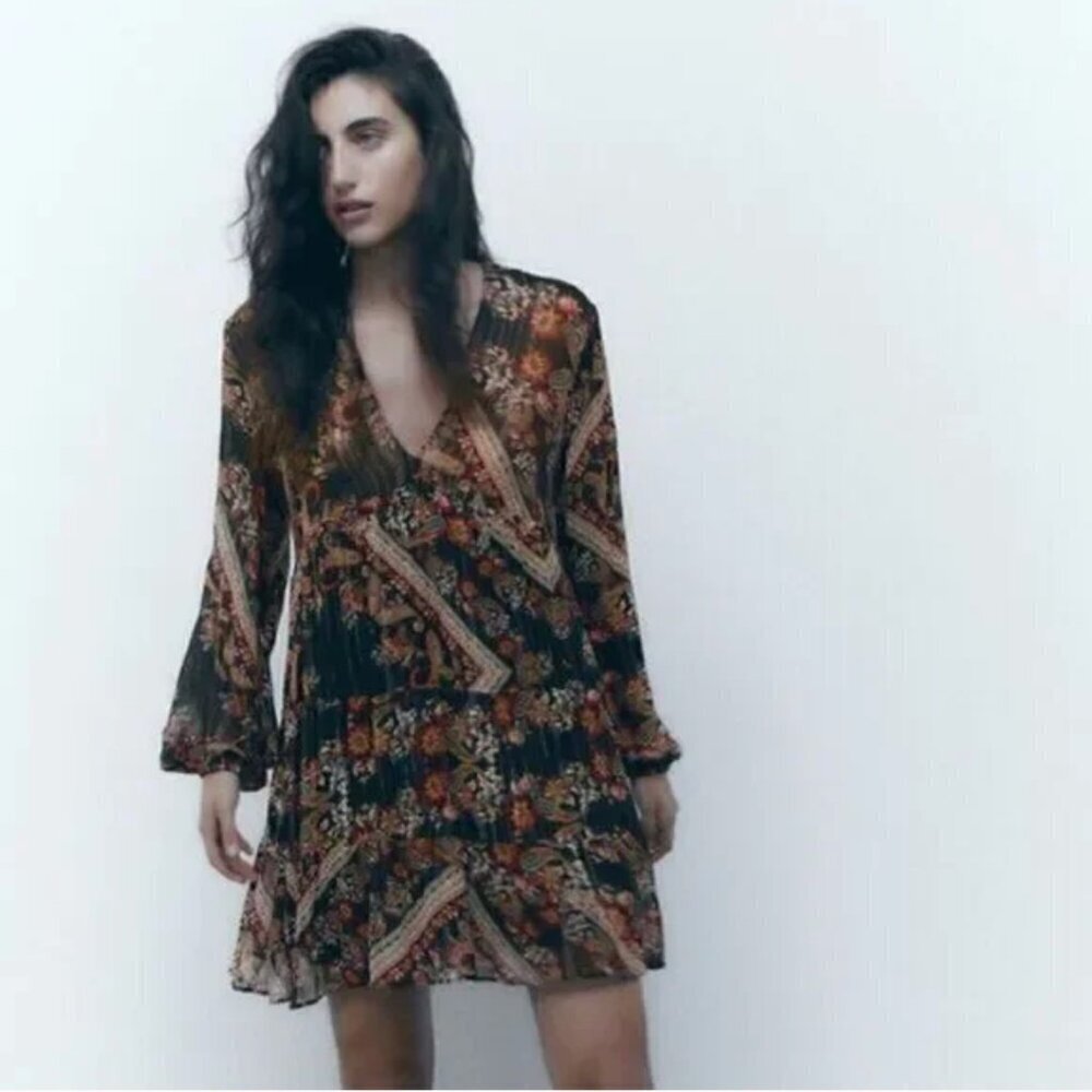 ZARA nwt BOHO SHINY METALLIC THREAD PRINT DRESS